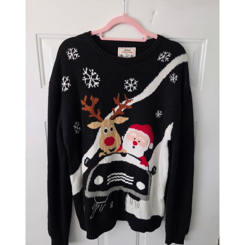 V28 Mens Santa and Reindeer Driving Car Ugly Christmas Sweater Black XXL